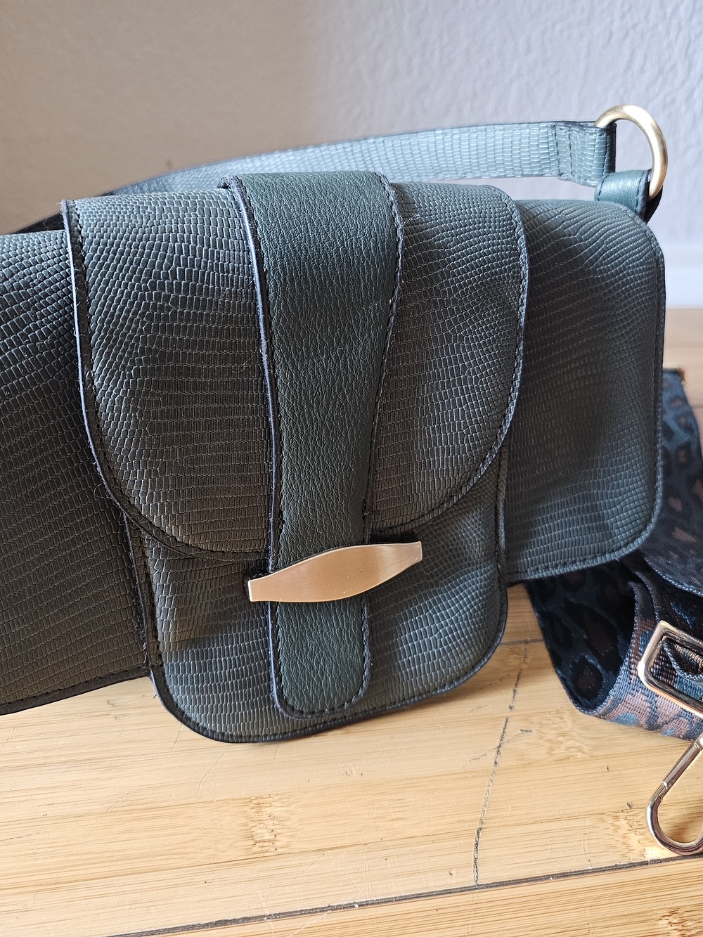 Textured Olive Green Crossbody Bag with Gold Accent